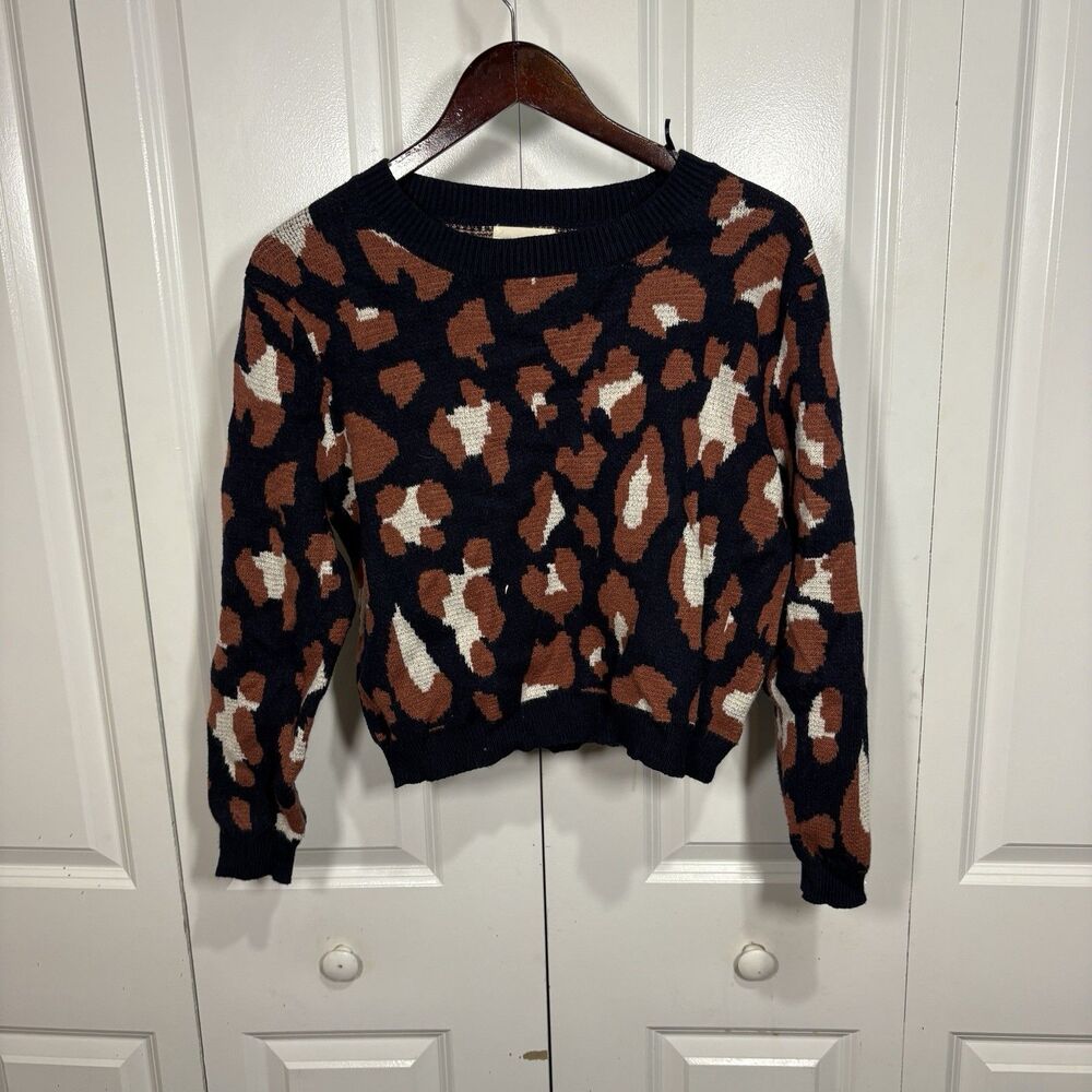 Dreamers Womens M Sweater Brown Black White Leopard Animal Print Boho Fall Cozy